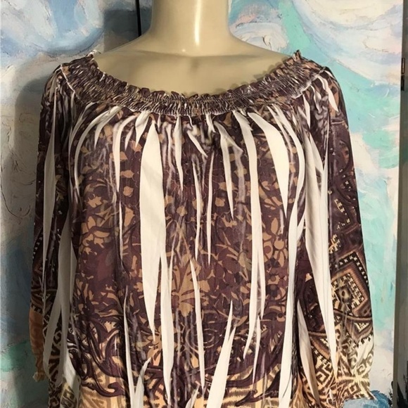 SereNade Brown Artsy Print Shirred Neck/ Hem Top - Picture 2 of 6